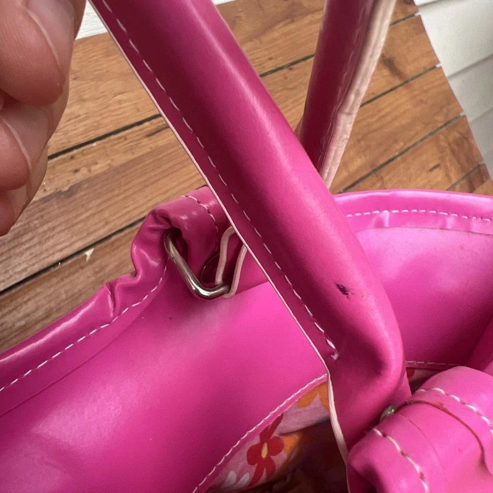 Pink Straw Satchel Bag Purse Tote Basket Bucket Retro Flower Lining Snap Flap
